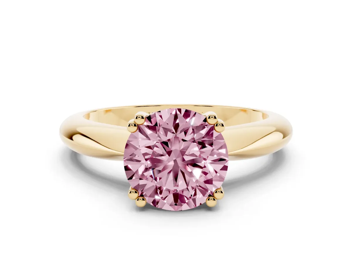 Fancy Pink Round Cut Cut Solitaire Engagement Ring with Tapered Band and Four-Prong Setting Yellow gold