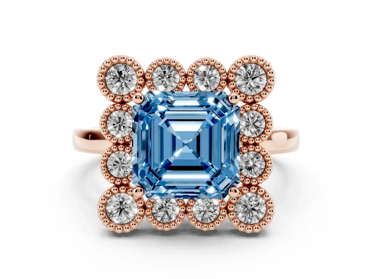 Fancy Blue Asscher Cut Halo Diamond Cluster Engagement Ring with Milgrain Bezel Setting and Solitaire Band Rose gold