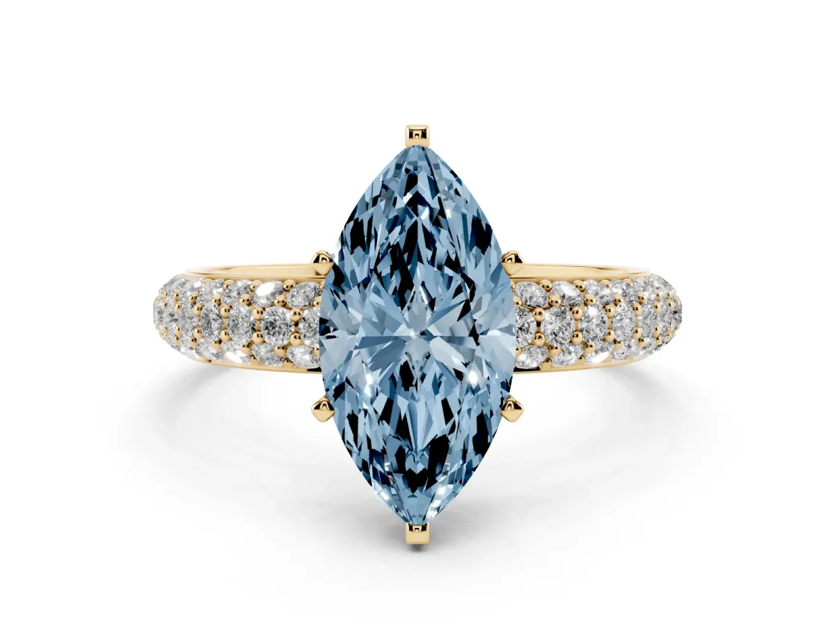 Fancy Blue Marquise Cut Diamond Solitaire Ring with Prong Setting and Pavé Band Yellow gold