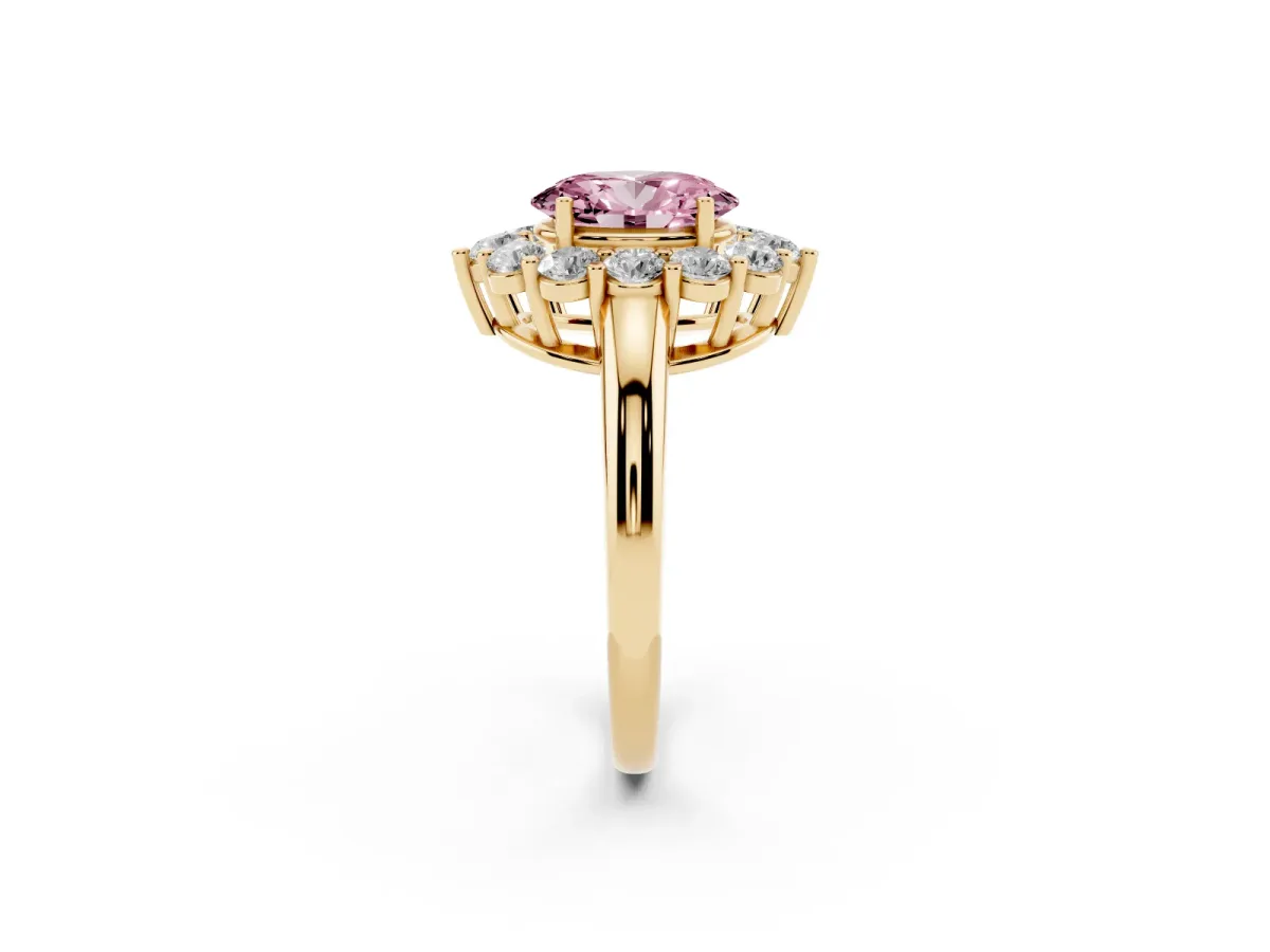 Fancy Pink Oval Cut Halo Cluster Diamond Engagement Ring with Prong Setting and Polished Band Yellow gold