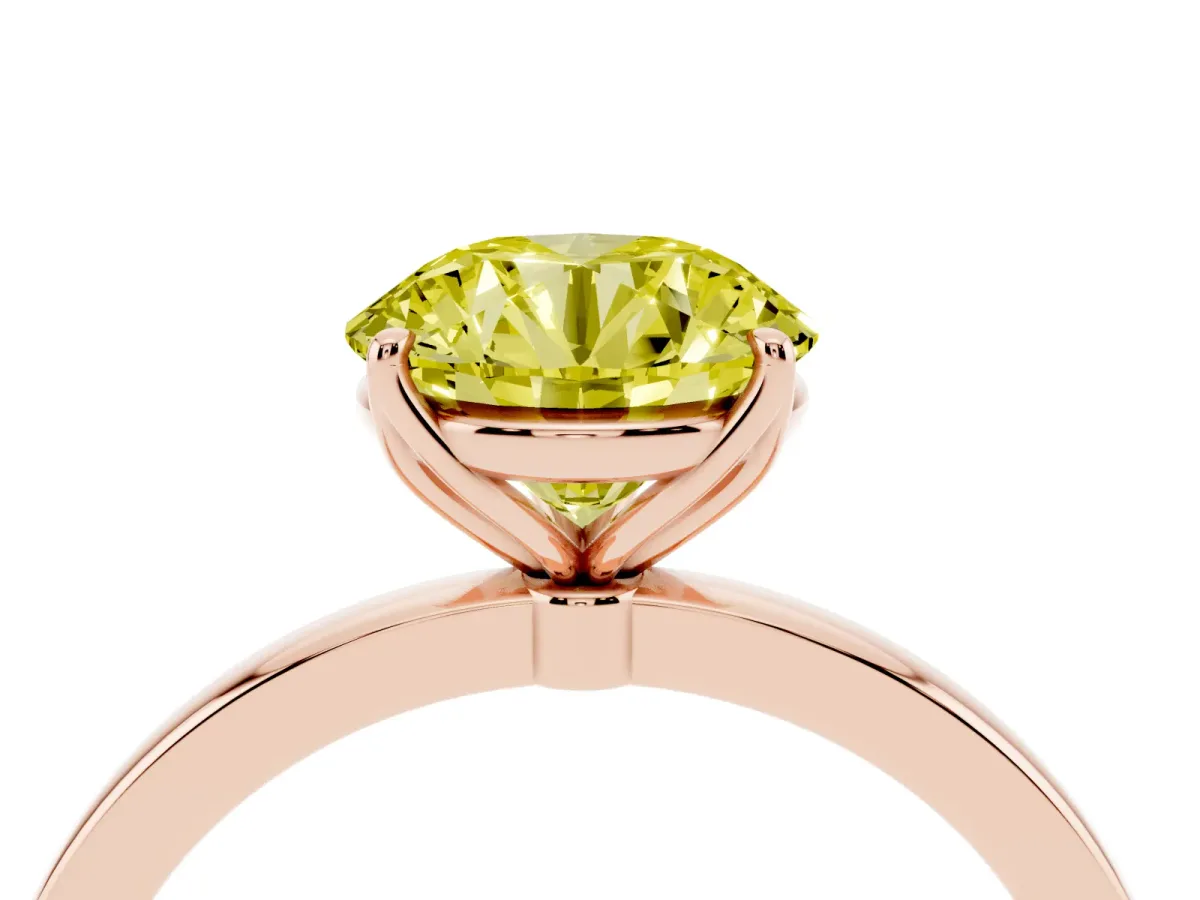 Fancy Yellow Round Cut Diamond Solitaire Ring with Thin Band and Prong Setting Rose gold