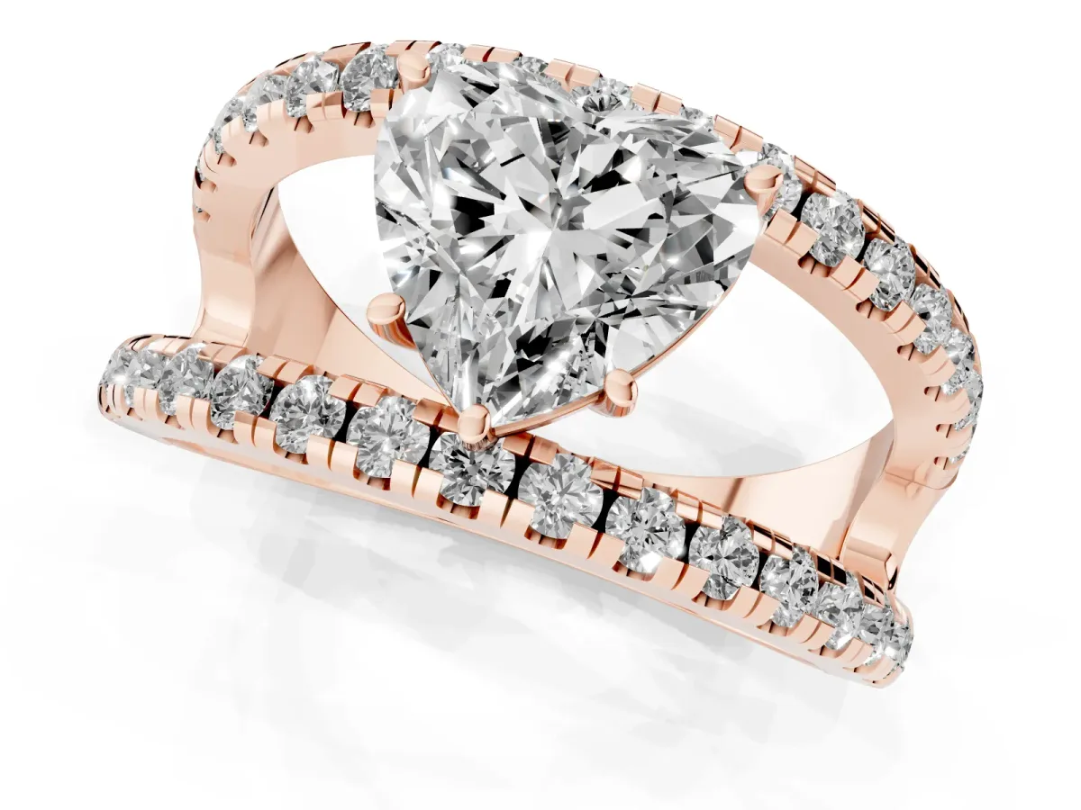 Heart Cut Solitaire Split Shank Pave Diamond Ring Rose gold