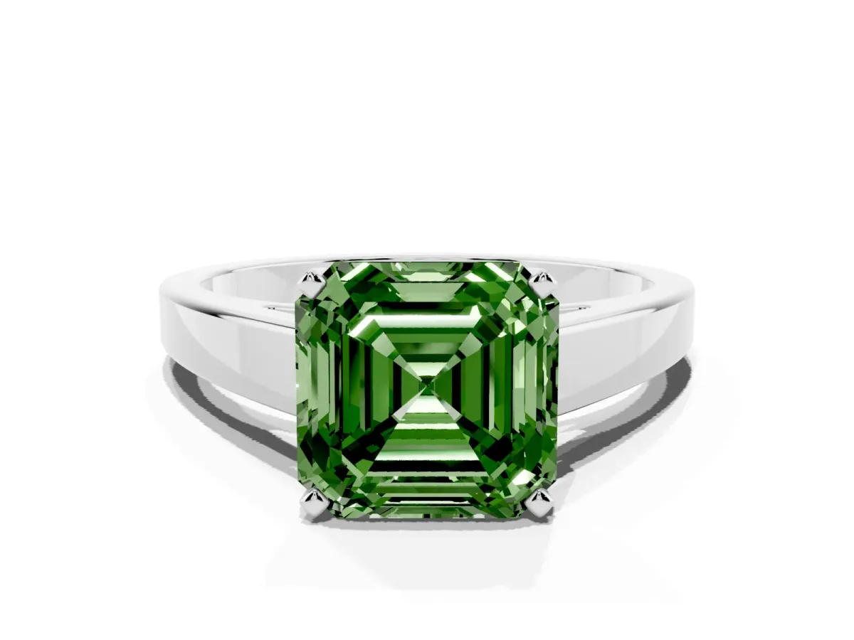Fancy Green Asscher Cut Solitaire Engagement Ring with Four-Prong Setting and Tapered Band Silver