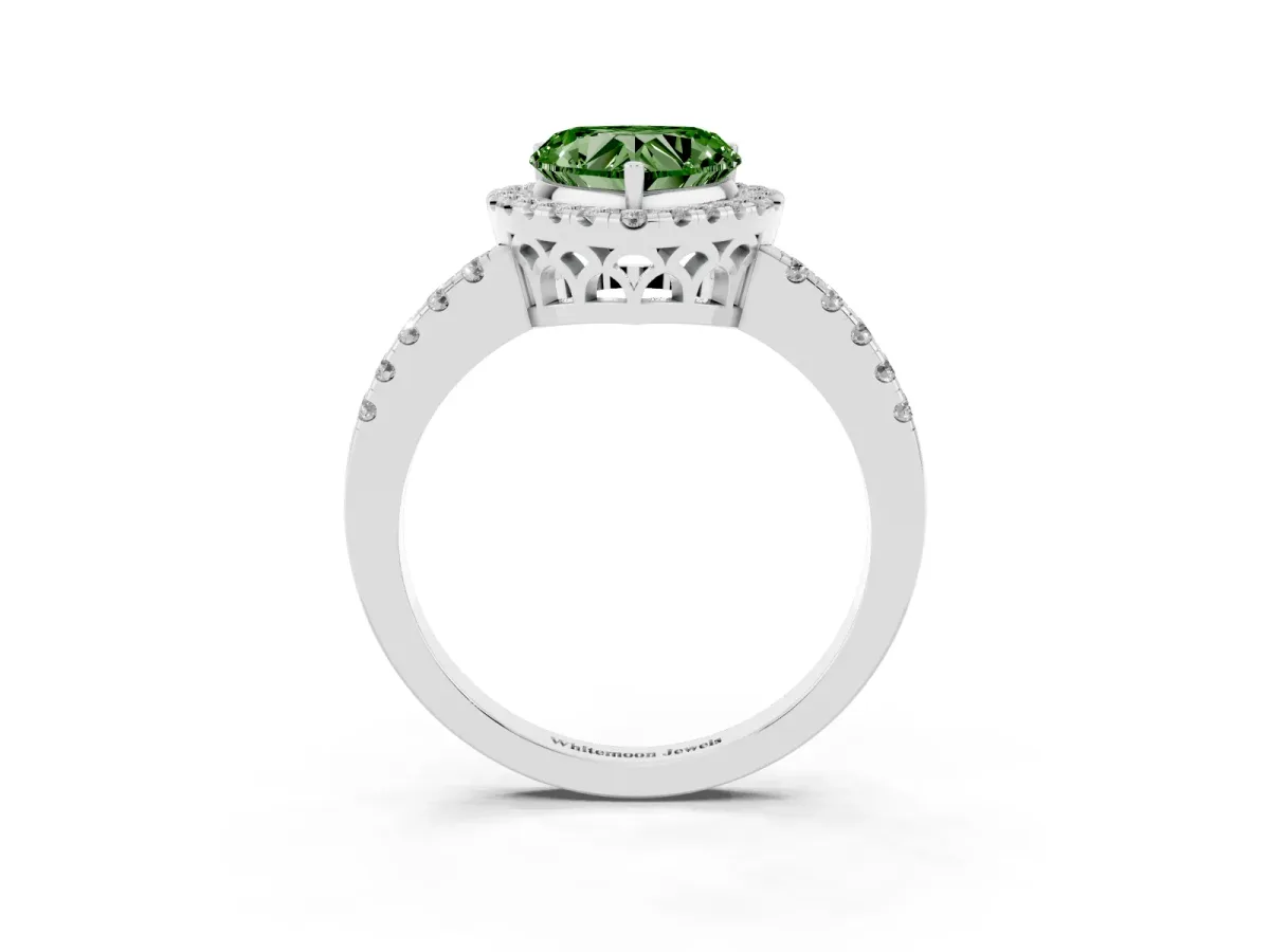 Fancy Green Heart Cut Halo Diamond Engagement Ring with Pavé Band and Four-Prong Setting Platinum