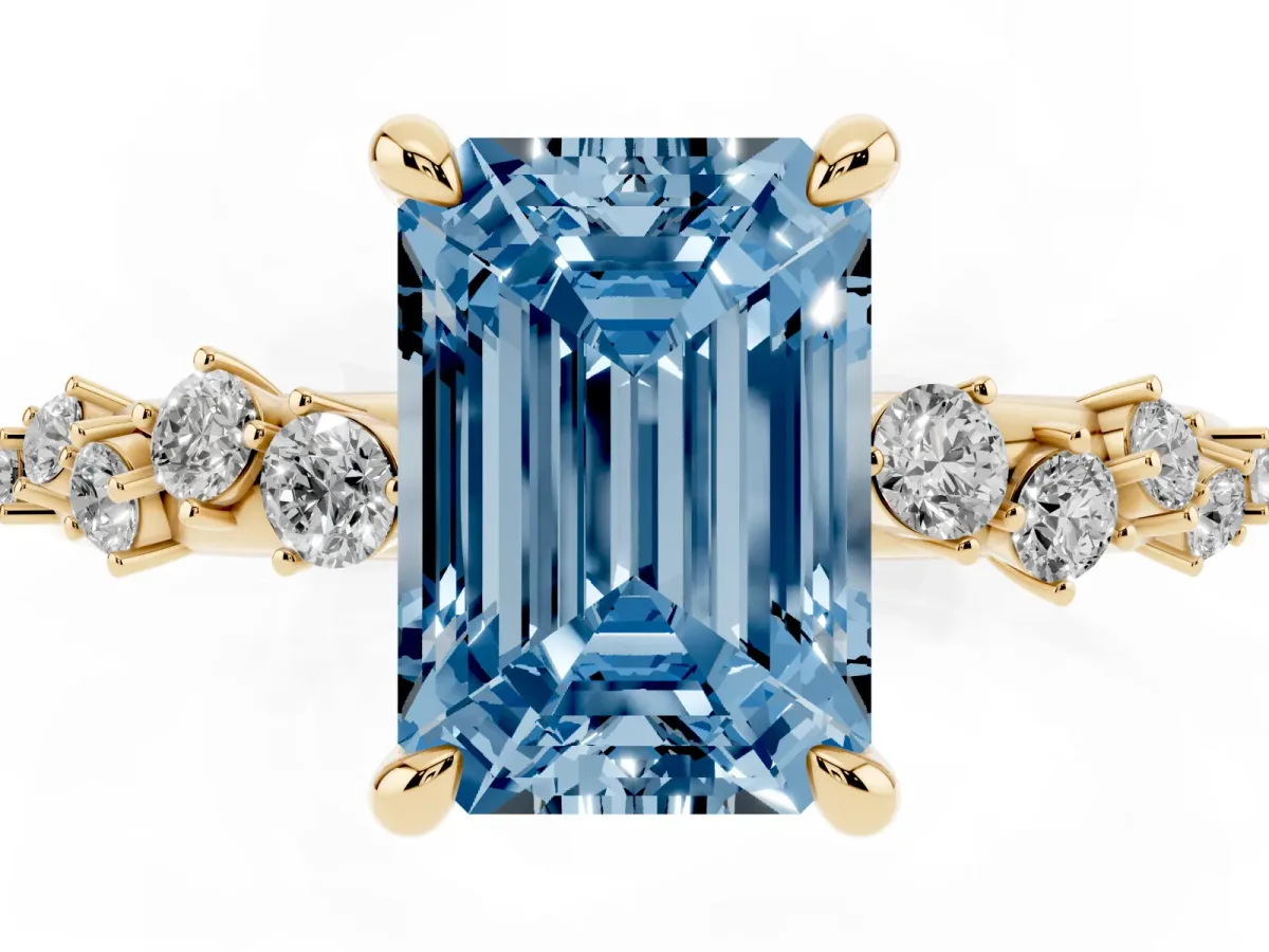 Fancy Blue Emerald Cut Cut Diamond Vine Band with Four-Prong Setting Yellow gold