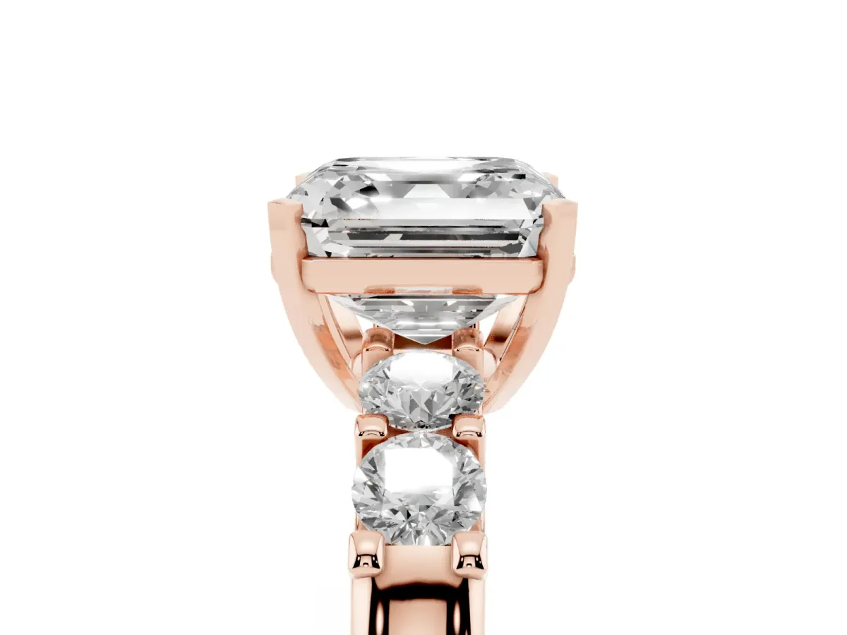 Asscher Cut Brilliant Cut Diamond Five-Stone Prong Set Engagement Ring with Channel Band Rose gold