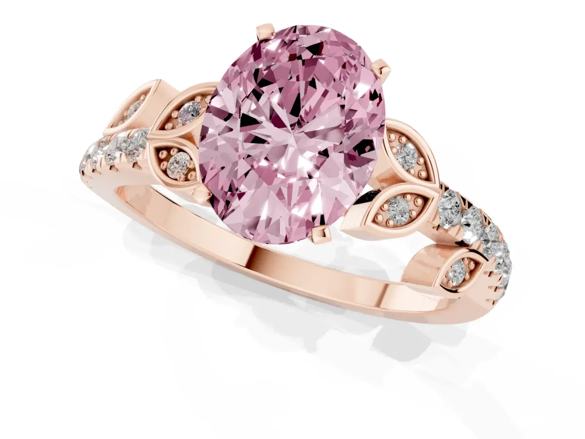 Fancy Pink Oval Cut Solitaire Leaf-Inspired Diamond Ring with Pavé Band and Four-Prong Setting Rose gold