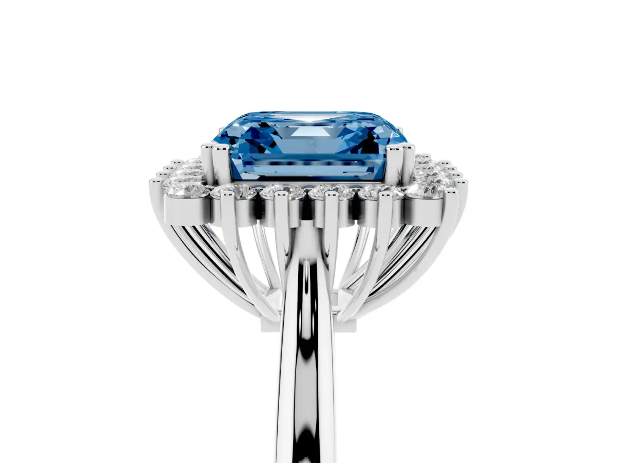 Fancy Blue Asscher Cut Cut Diamond Halo Ring with Solitaire Band and Prong Setting Platinum