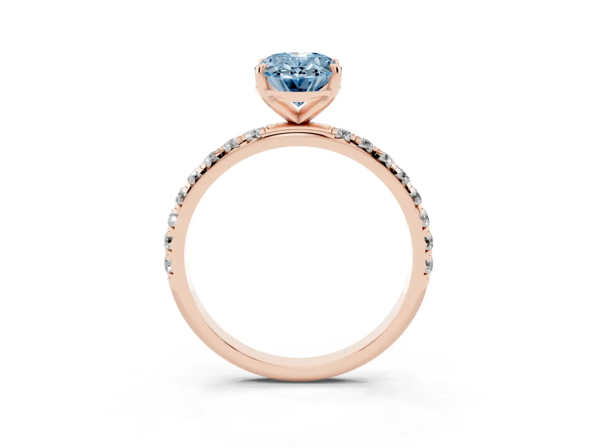 Fancy Blue Oval Cut Cut Diamond Solitaire Ring with Micro Pave Band and Four Prong Setting Rose gold
