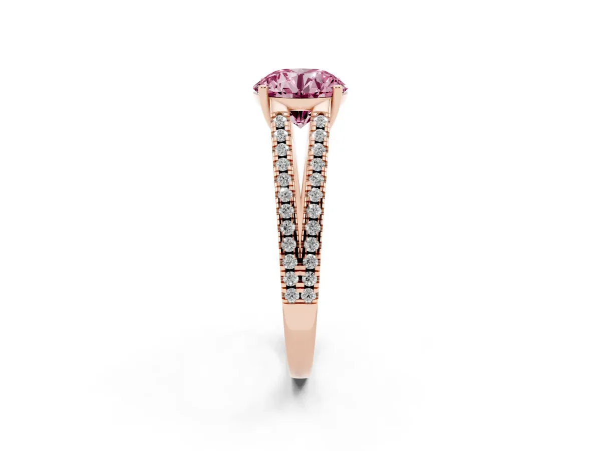Fancy Pink Round Cut Diamond Solitaire Engagement Ring with Split Shank Pavé Band Rose gold