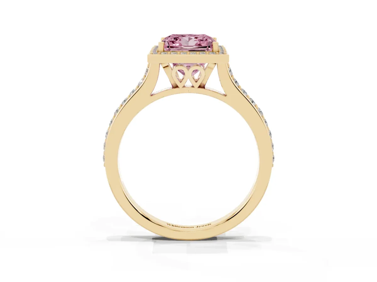 Fancy Pink Princess Cut Diamond Halo Engagement Ring with Round Pavé Shoulders and Prong Setting Yellow gold