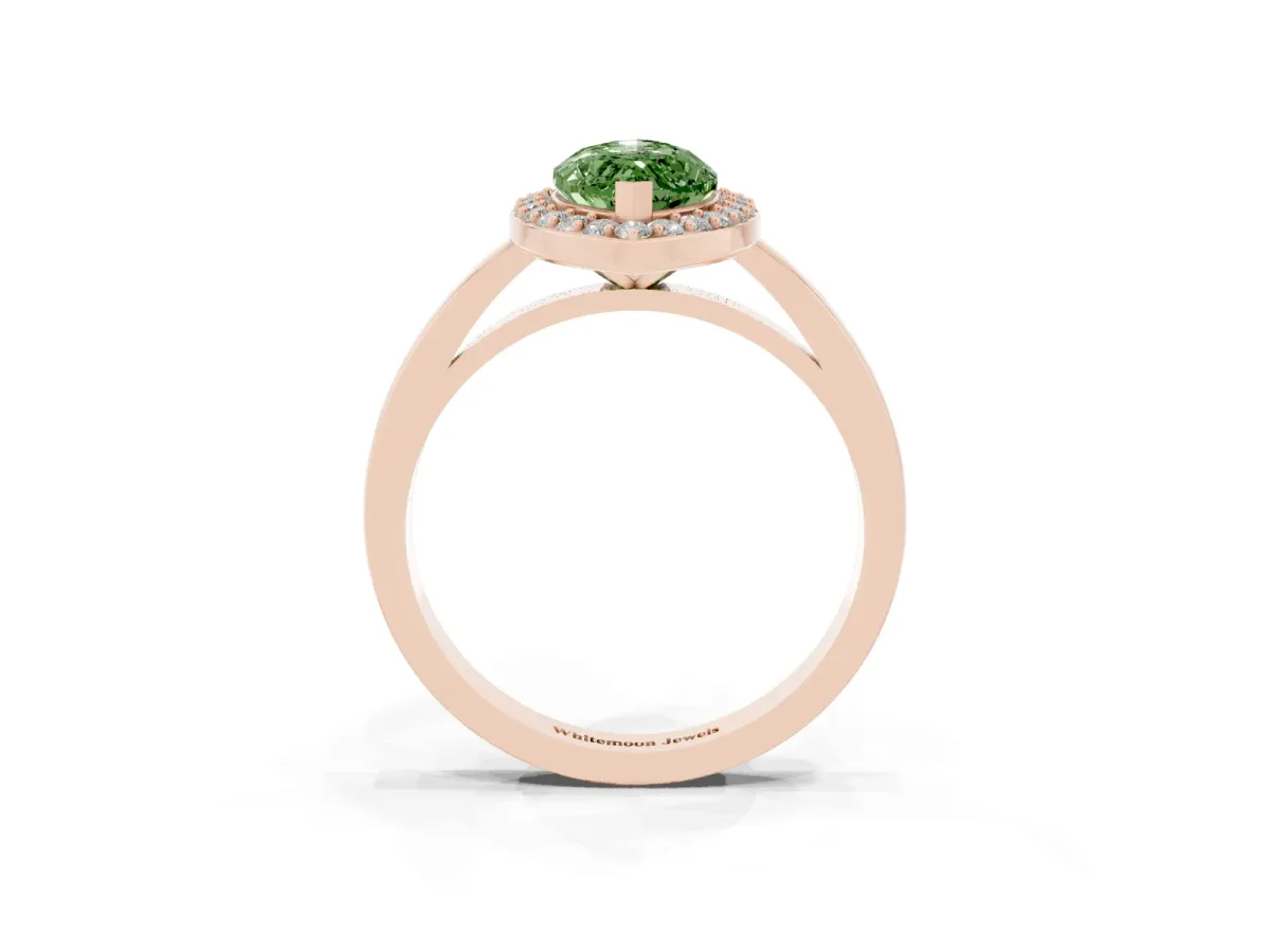 Fancy Green Marquise Cut Halo Diamond Ring with Solitaire Band and Prong Setting Rose gold