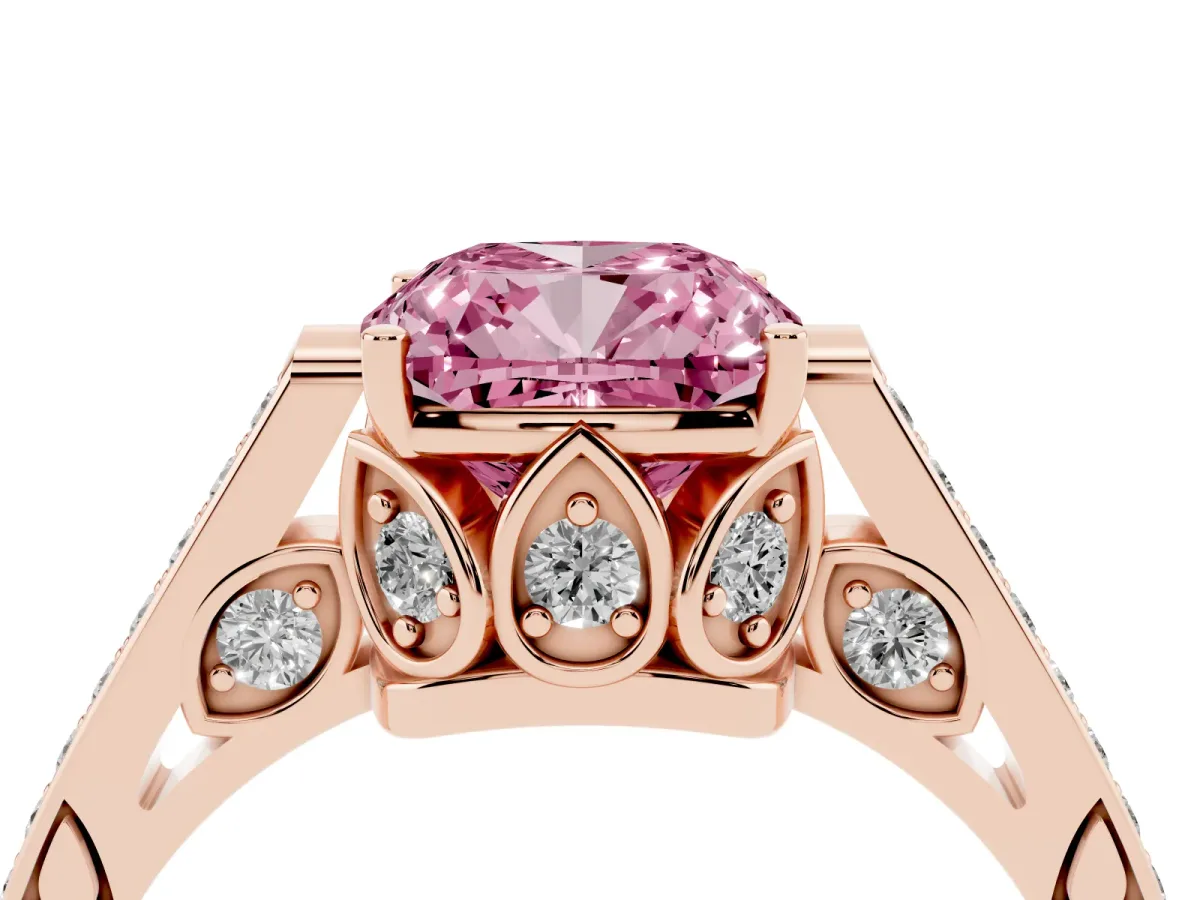 Fancy Pink Cushion Cut Cut Cathedral Pave Diamond Engagement Ring with Six-Prong Setting Rose gold