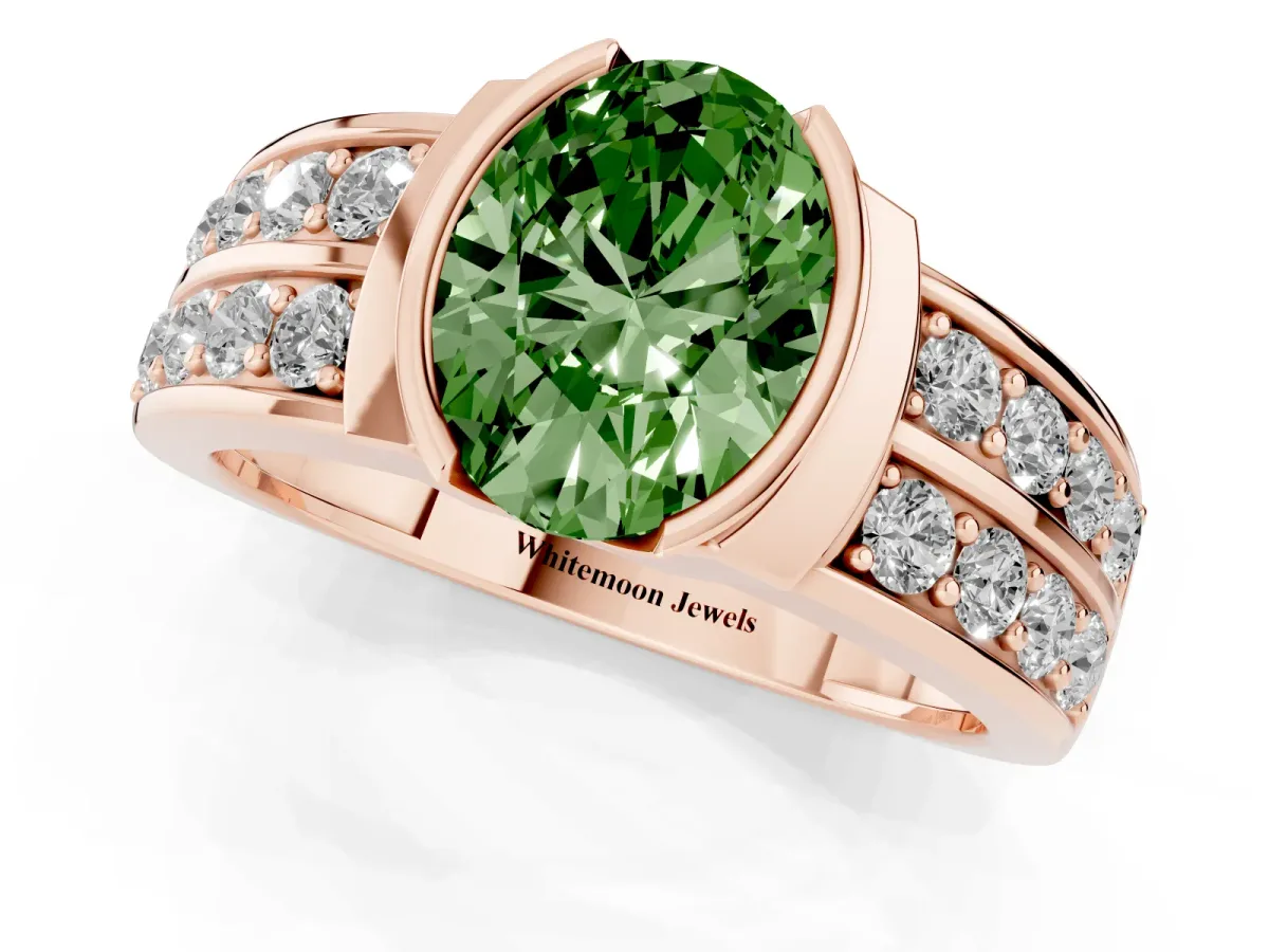 Fancy Green Oval Cut Brilliant Diamond Channel Set Wide Band Ring with Bezel Setting Rose gold