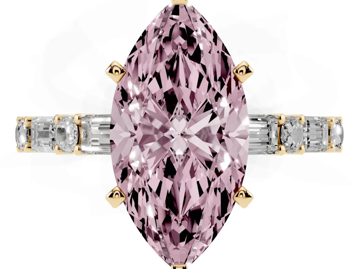 Fancy Pink Marquise Cut Diamond Solitaire with Side Baguettes and Channel Set Band Yellow gold