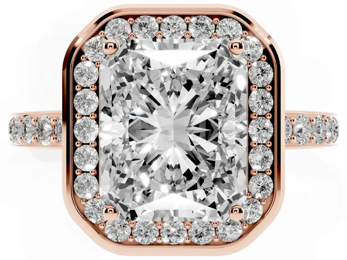 Radiant Cut Diamond Halo Ring with Bezel Frame and Pavé Band Rose gold
