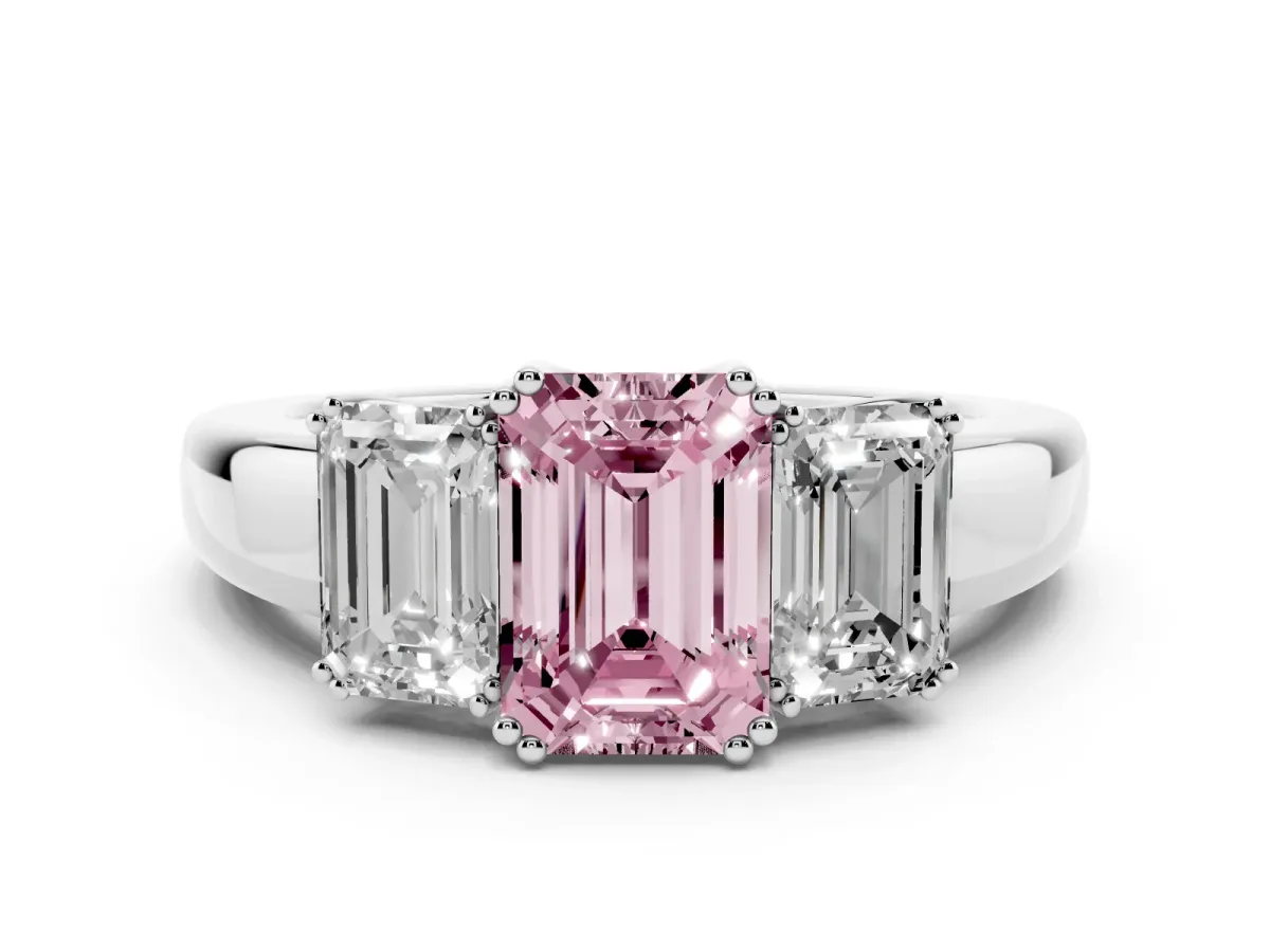 Fancy Pink Three-Stone Emerald Cut Cut Diamond Ring with Channel Set Band and Four-Prong Setting Silver