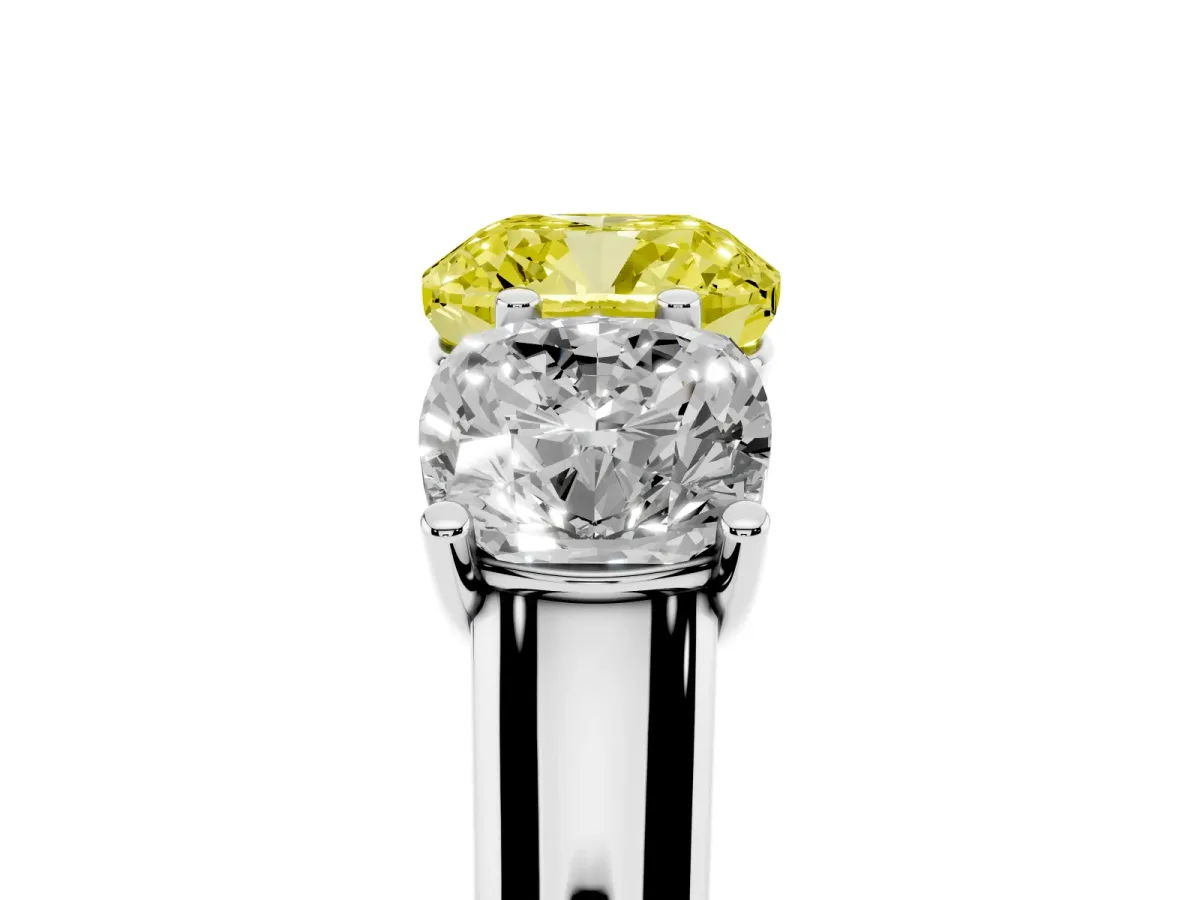 Fancy Yellow Cushion Cut Three-Stone Diamond Ring with Prong Setting on a Classic Band Platinum
