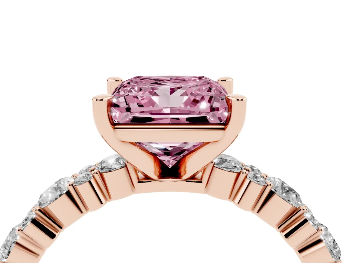 Fancy Pink Princess Cut Diamond Side Stone Solitaire Ring with Round and Four-Prong Setting Rose gold