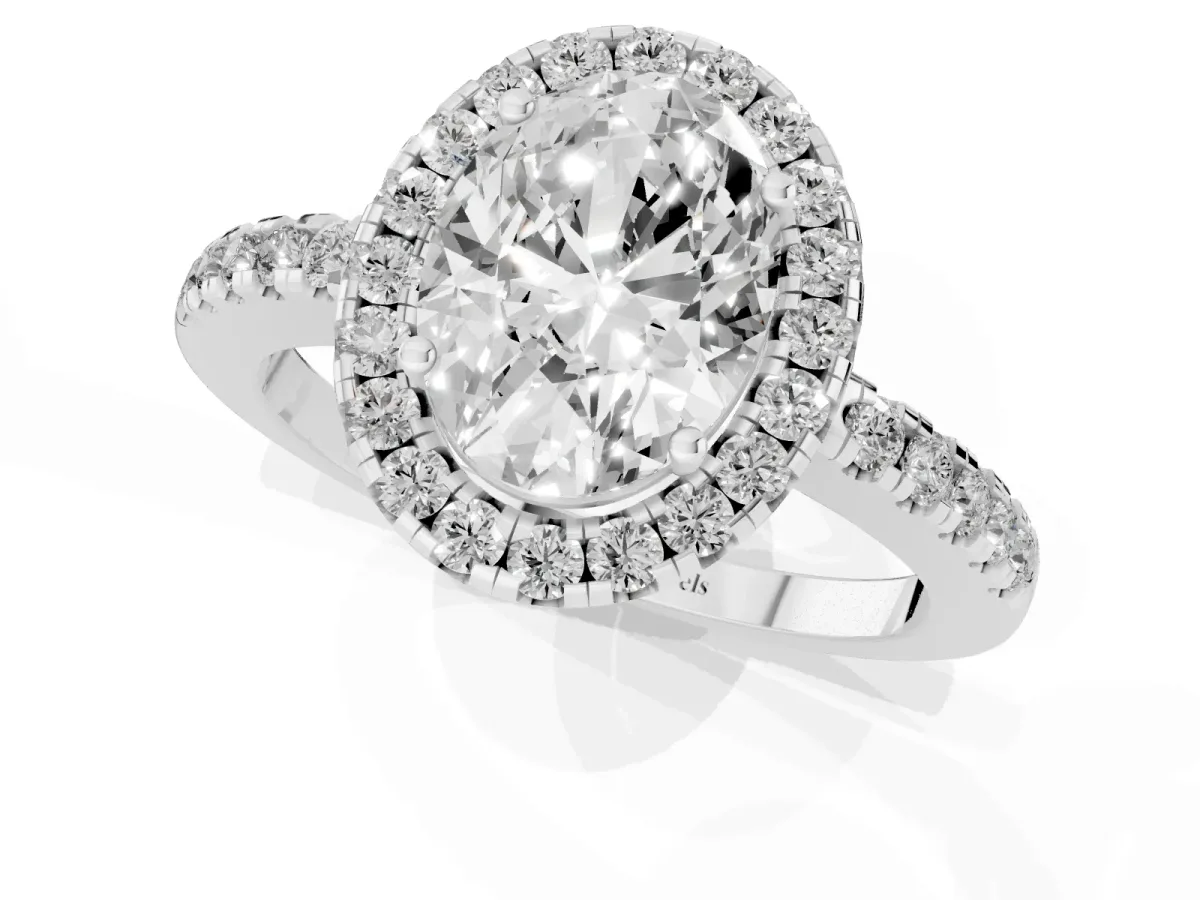 Oval Cut Halo Diamond Engagement Ring with Pavé Band and Four-Prong Setting Silver