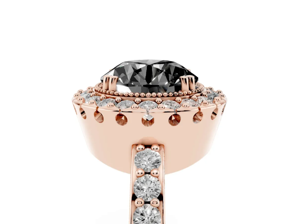 Fancy Black Round Cut Diamond Halo Ring with Pavé Band and Prong Setting Rose gold
