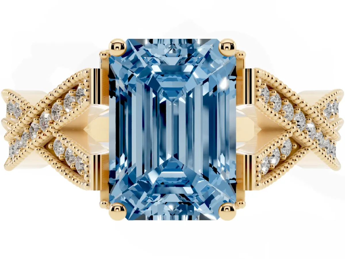 Fancy Blue Emerald Cut Cut Diamond Twisted Band with Milgrain Pave Setting and Four-Prong Setting Yellow gold