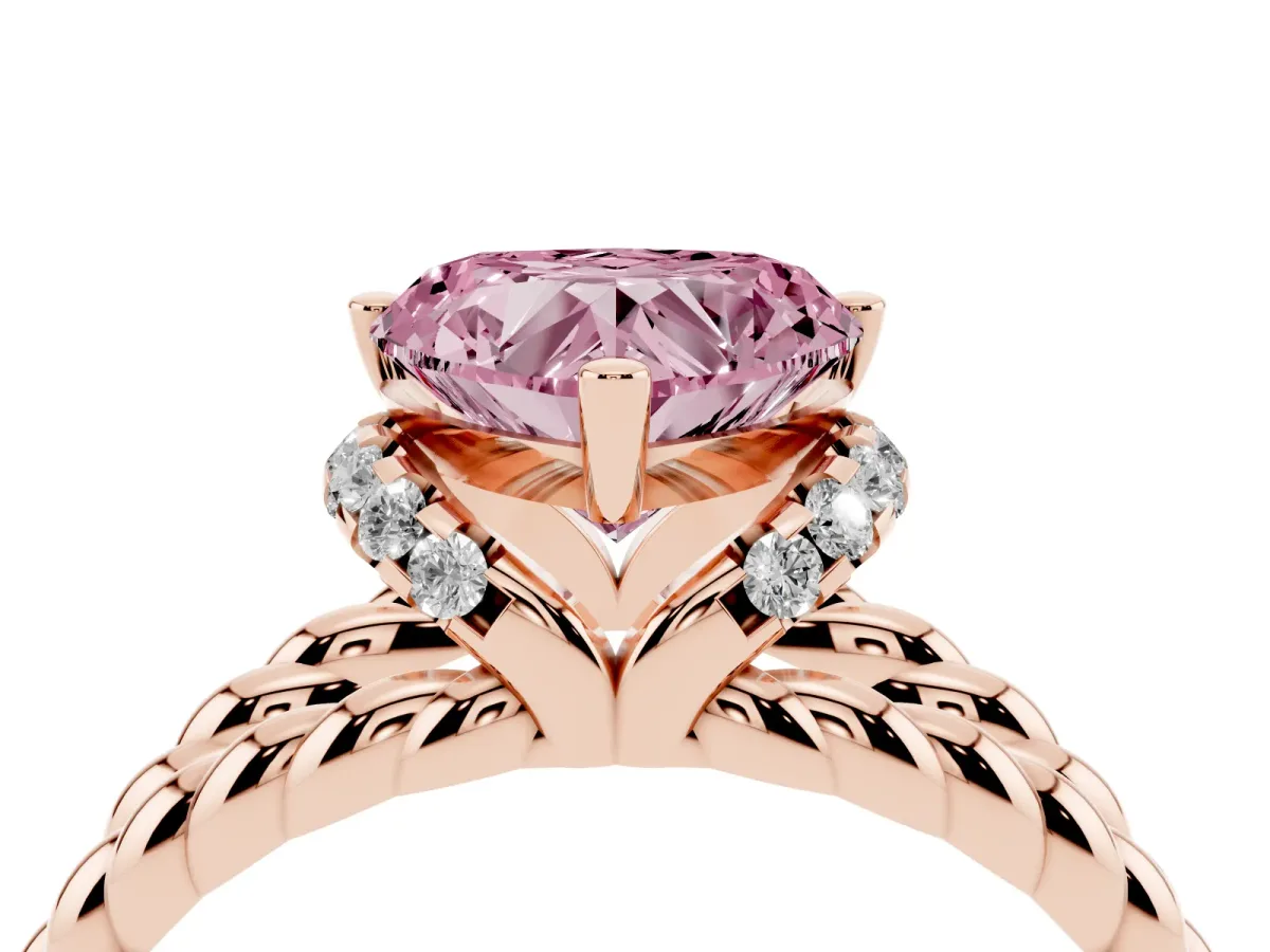 Fancy Pink Heart Cut Halo Twisted Band Four-Prong Ring Rose gold