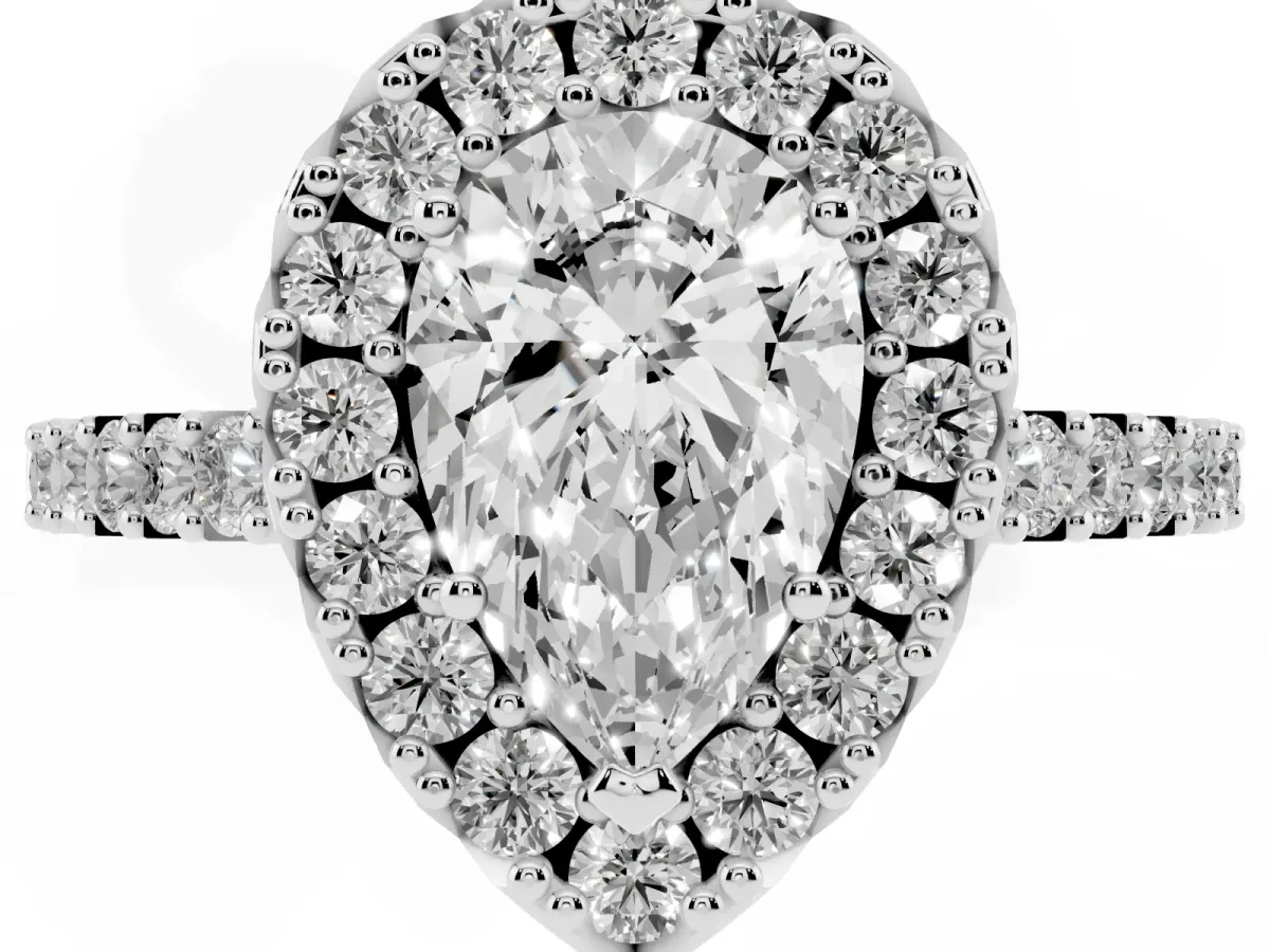 Pear Cut Halo Diamond Pavé Solitaire Ring Silver