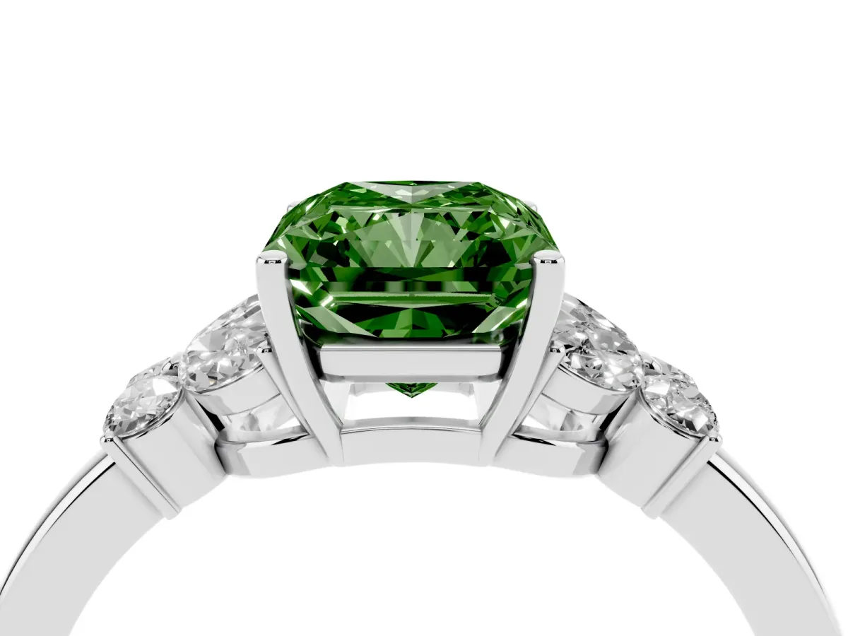 Fancy Green Radiant Cut Cut Solitaire Floral Diamond Ring with Four-Prong Setting Silver