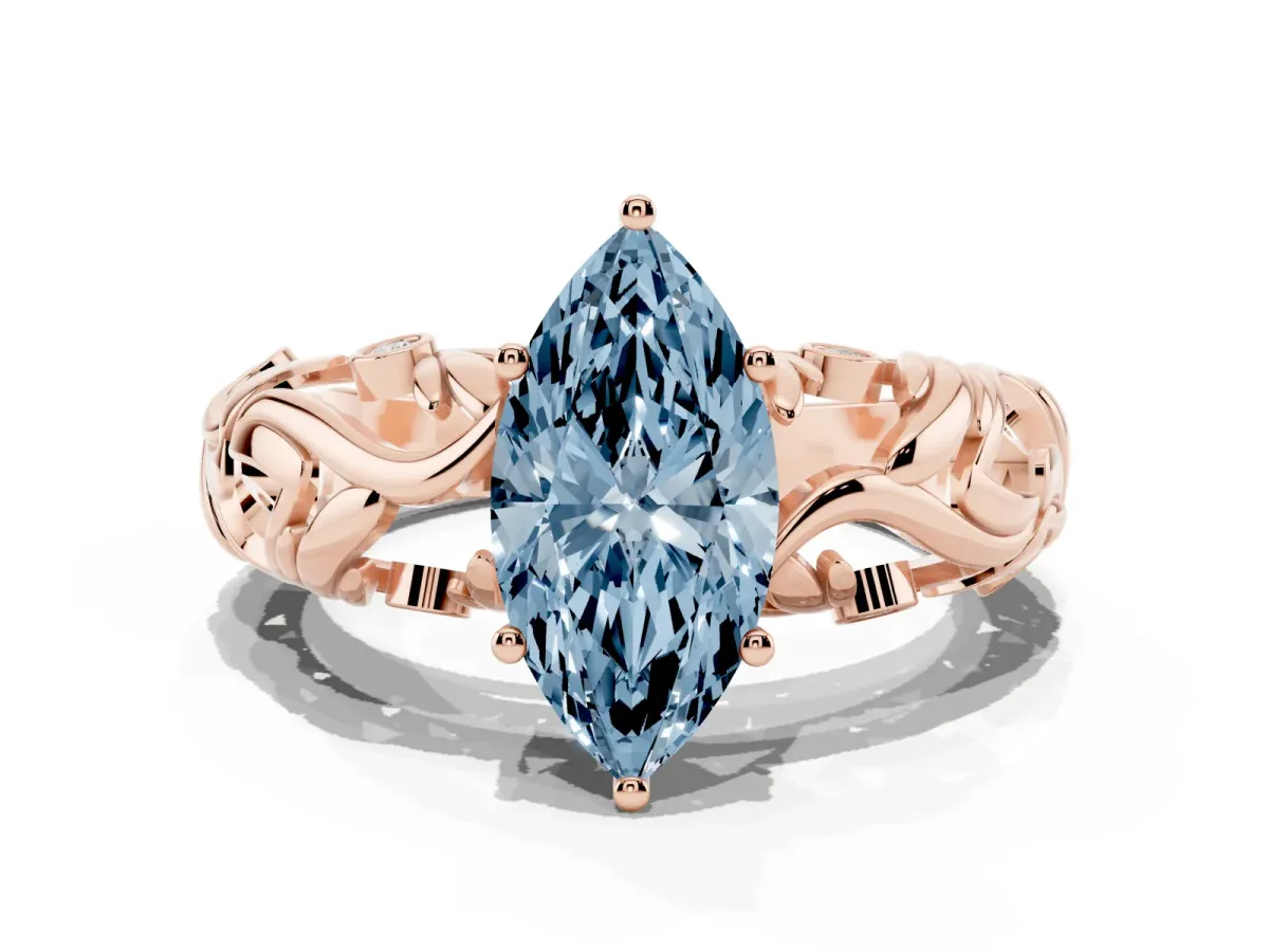 Fancy Blue Marquise Cut Solitaire Diamond Leaf-Inspired Vine Band Ring with Prong Setting Rose gold