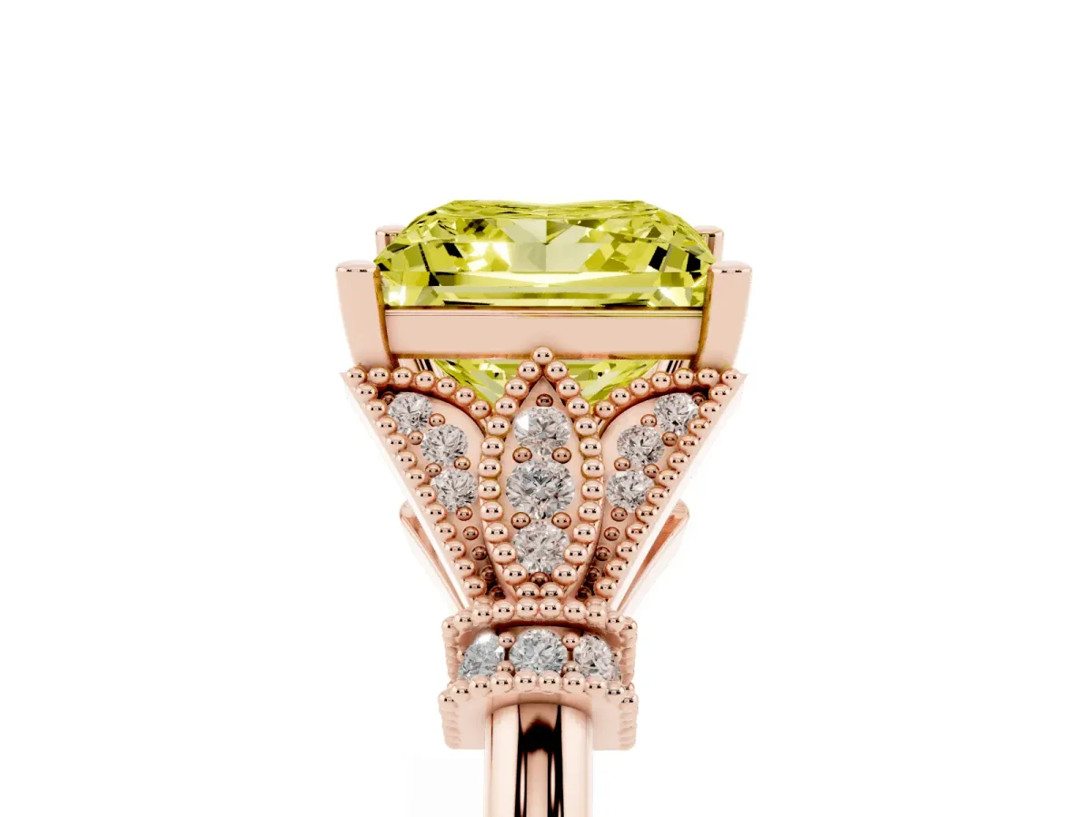 Fancy Yellow Princess Cut Diamond Solitaire Ring with Floral Filigree and Pave Accents Rose gold