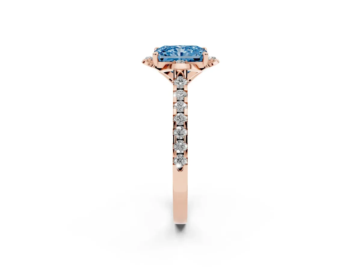 Fancy Blue Radiant Cut Diamond Ring with Pavé Band and Floral Prong Setting Rose gold