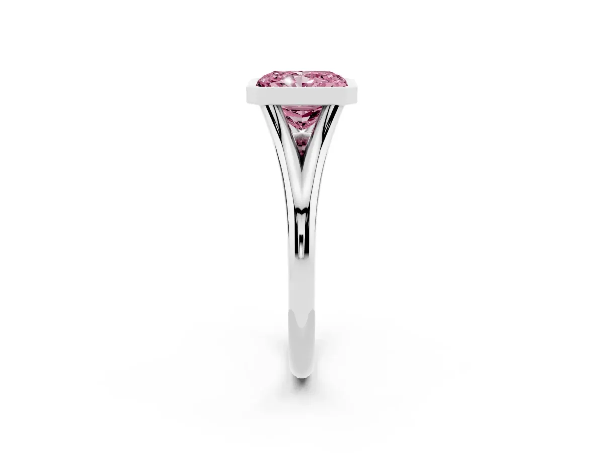 Fancy Pink Bezel Set Radiant Cut Cut Solitaire Ring with Tapered Band Silver