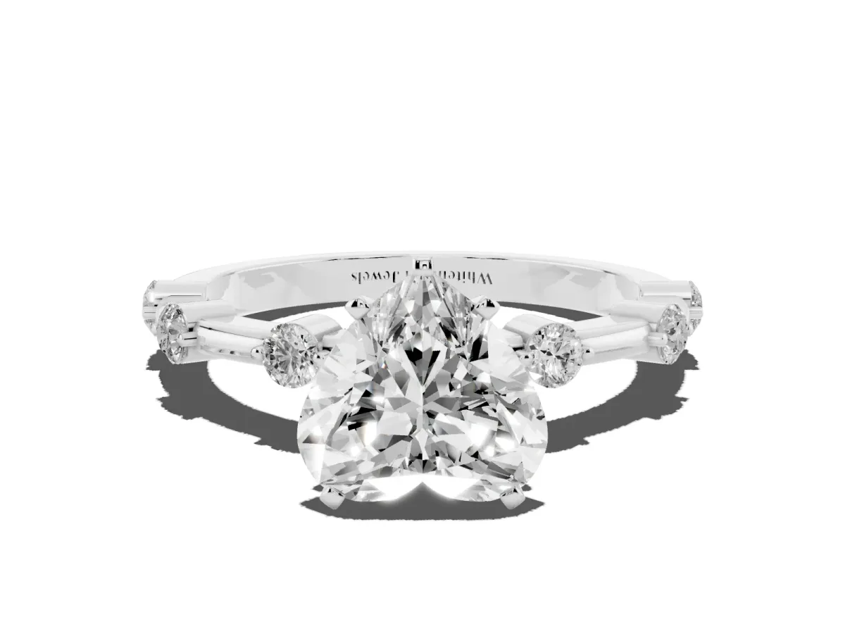 Heart Cut Solitaire Diamond Ring with Bezel Set Side Stones and Prong Setting Silver