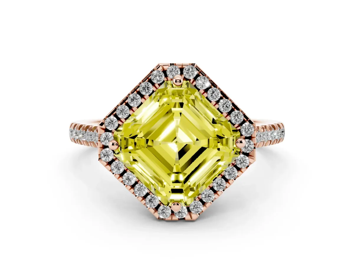 Fancy Yellow Asscher Cut Diamond Cushion Halo Ring with Pavé Band Rose gold