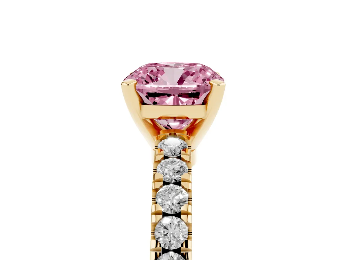 Fancy Pink Cushion Cut Solitaire Diamond with Pavé Band and Four-Prong Setting Yellow gold