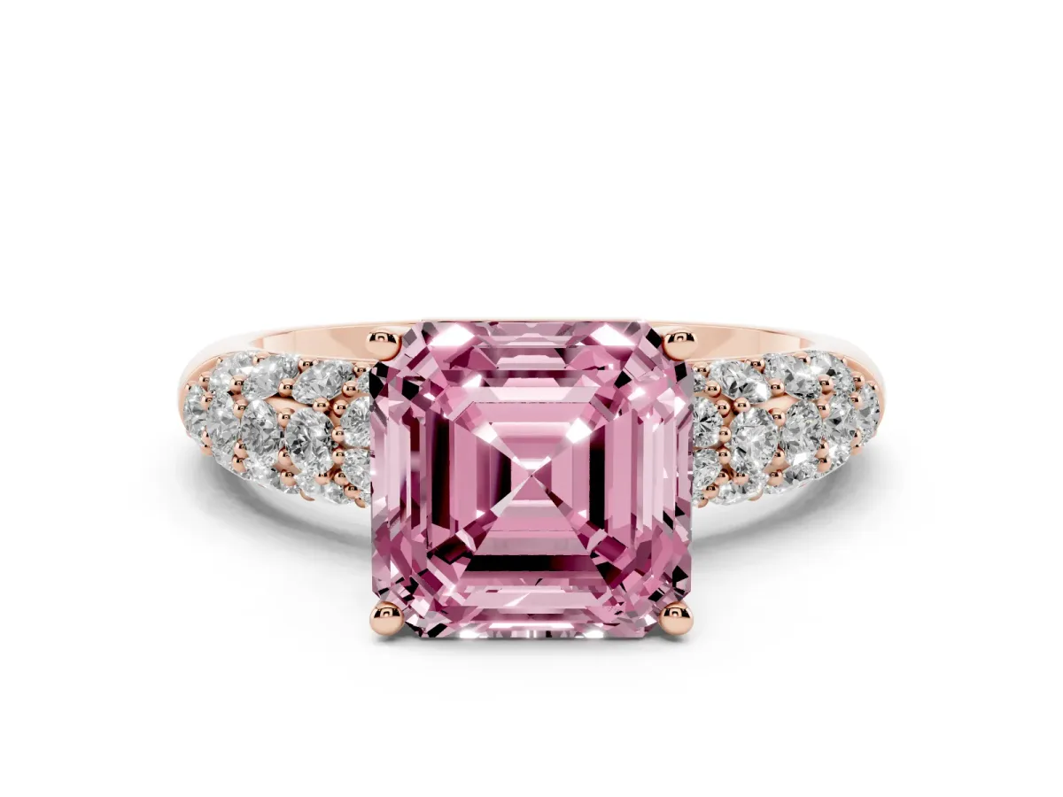 Fancy Pink Asscher Cut Diamond Pavé Band Solitaire Ring with Four-Prong Setting Rose gold
