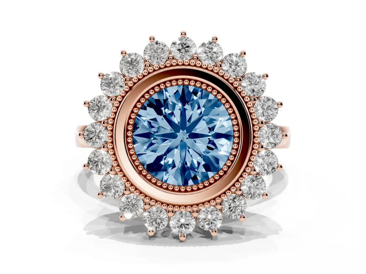 Fancy Blue Round Cut Halo Diamond Ring with Milgrain Edge and Round Prong Setting Rose gold