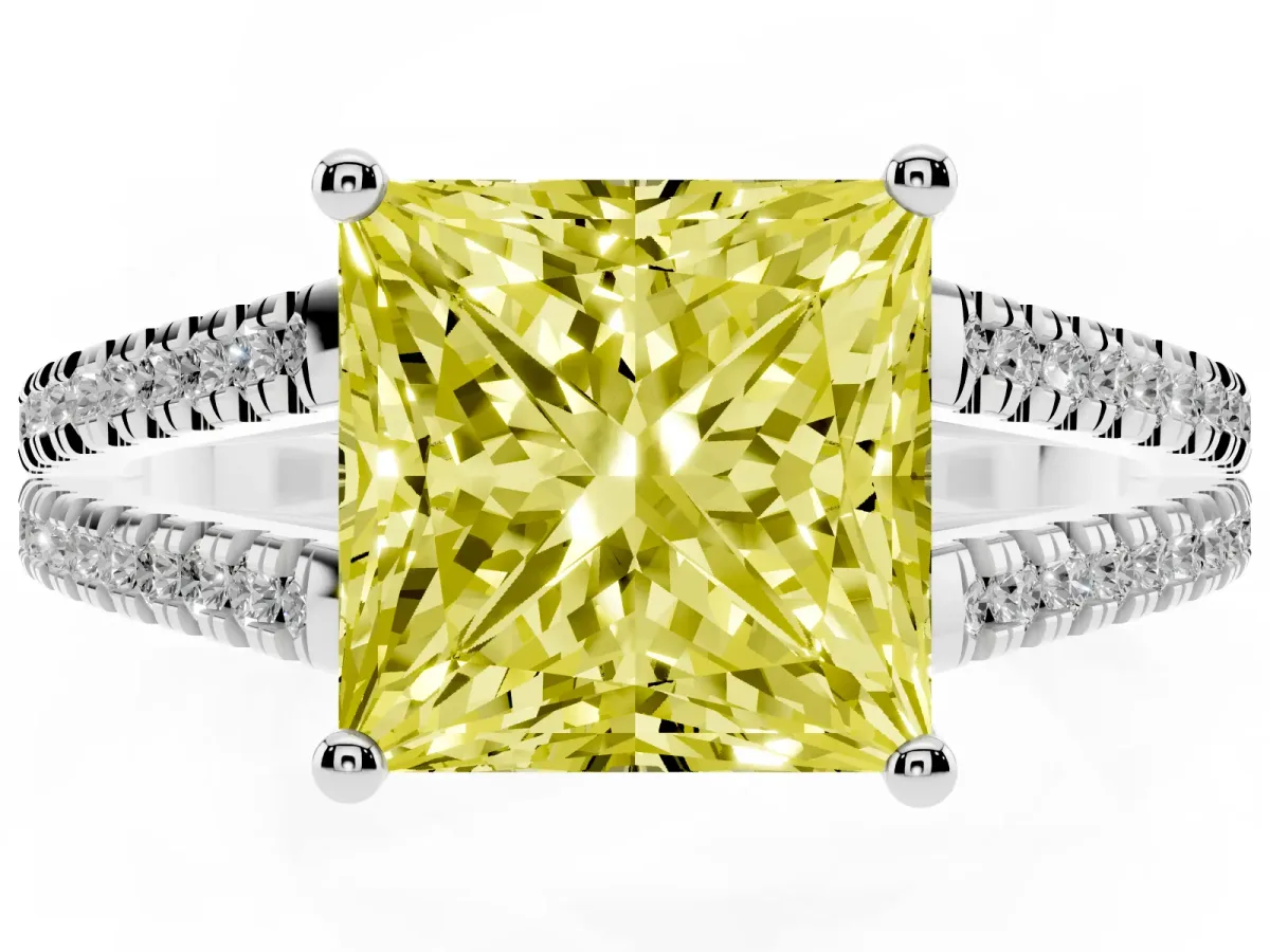 Fancy Yellow Princess Cut Diamond Solitaire Engagement Ring with Split Shank Pavé Band Platinum