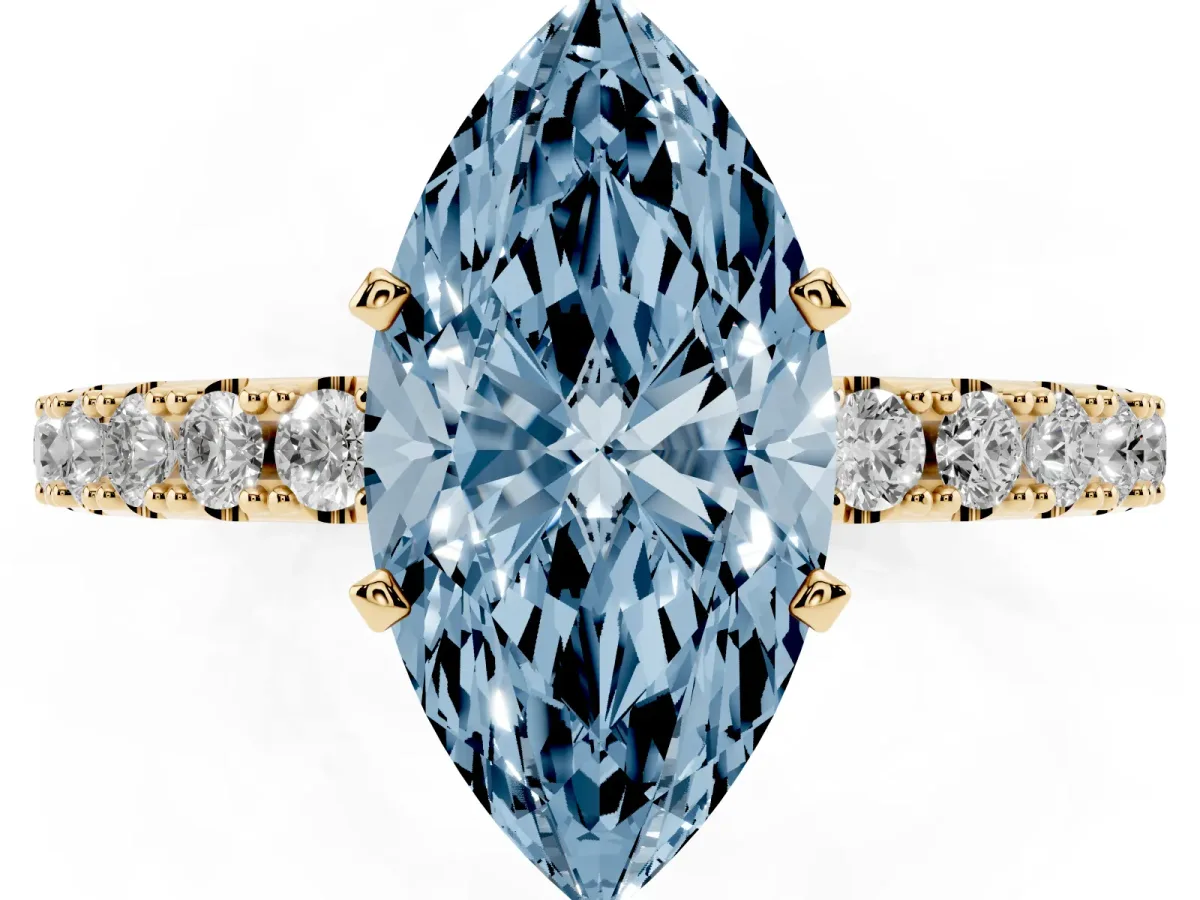 Fancy Blue Marquise Cut Diamond Solitaire Pavé Band with Four-Prong Setting Yellow gold