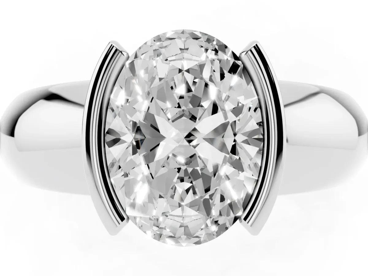 Oval Cut Solitaire Tension Set Diamond Ring with Wide Band Platinum