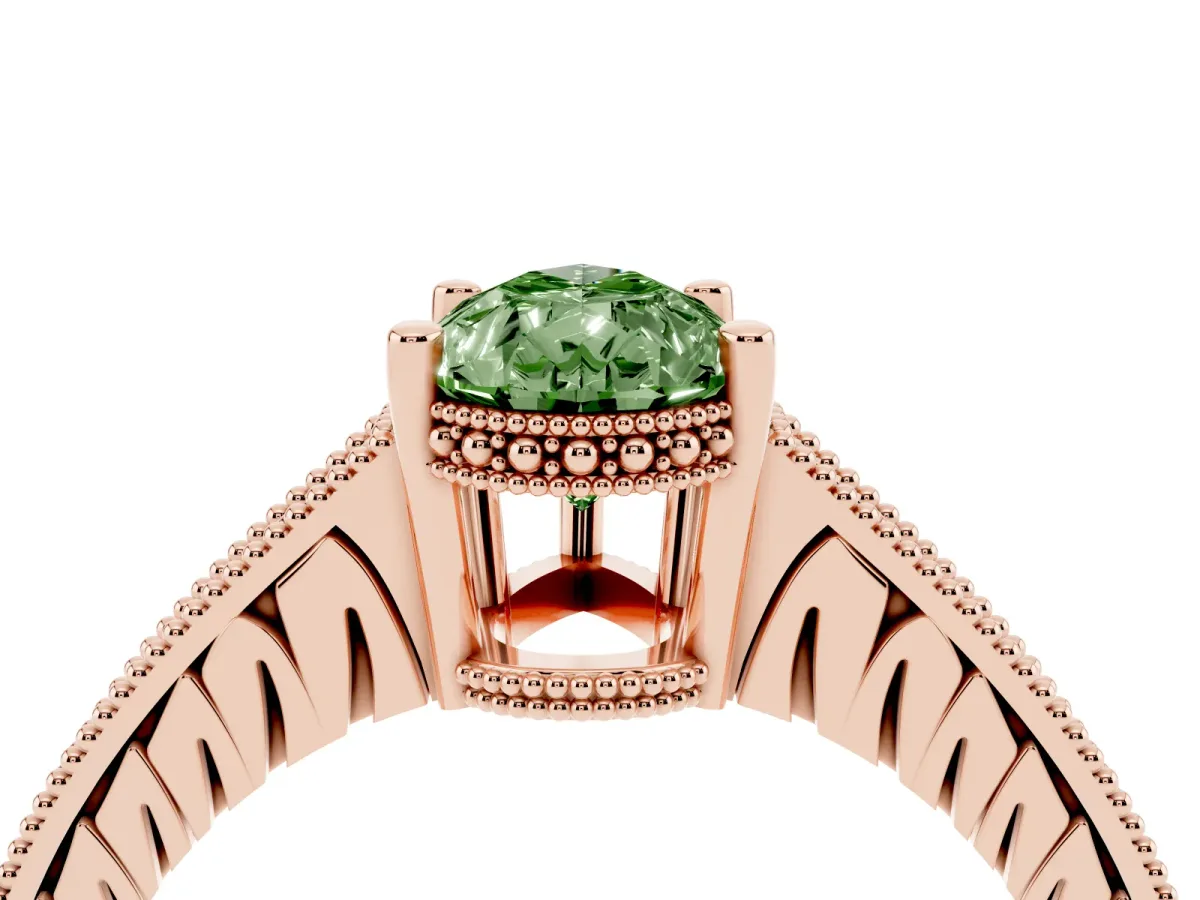 Fancy Green Pear Cut Solitaire Pavé Diamond Milgrain Engagement Ring with Four-Prong Setting Rose gold