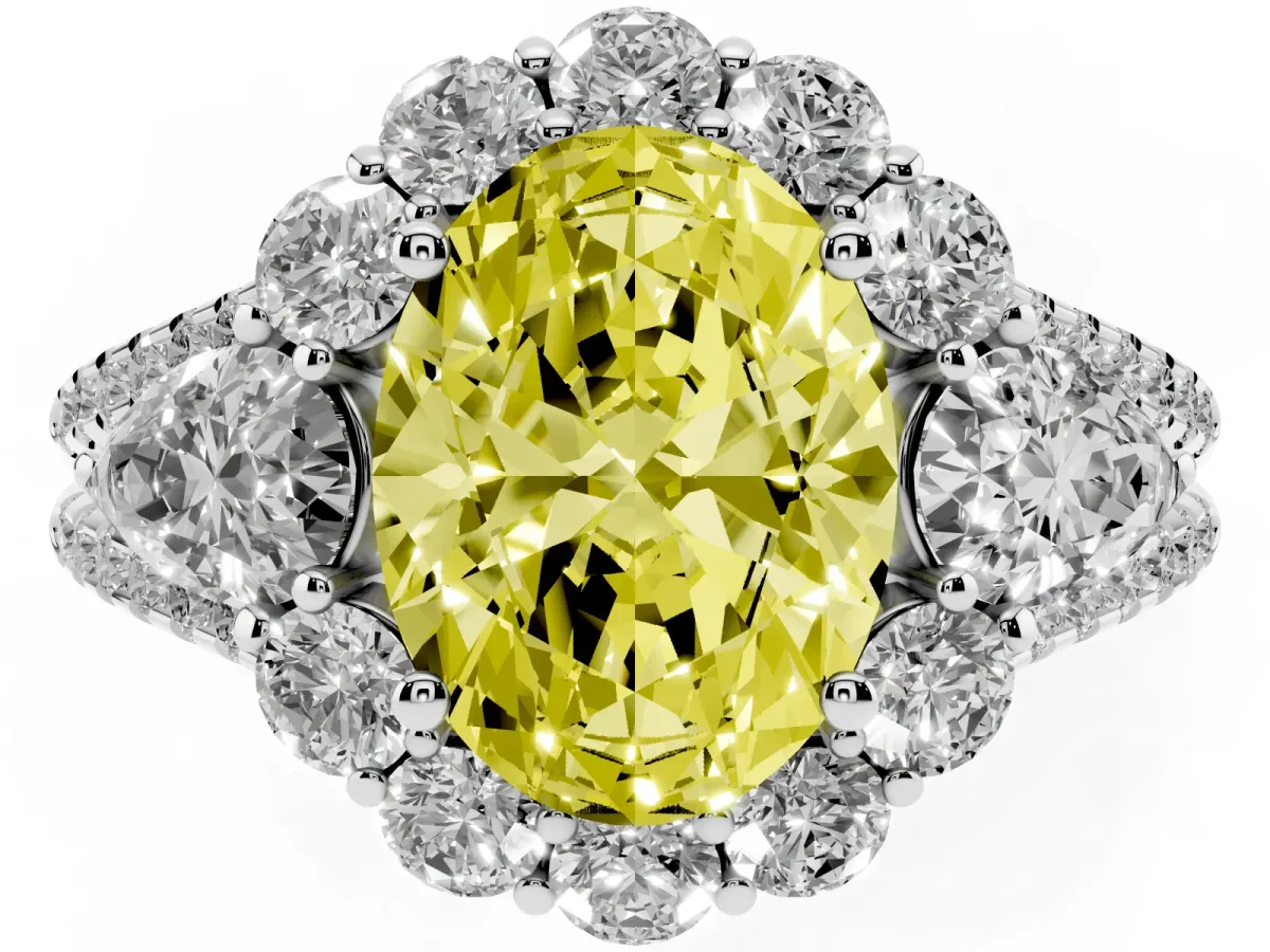 Fancy Yellow Oval Cut Halo Split Shank Diamond Engagement Ring with Prong Setting Silver