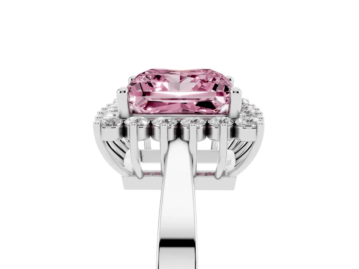 Fancy Pink Princess Cut Cut Diamond Halo Ring with Round Brilliant Halo and Solitaire Band Platinum