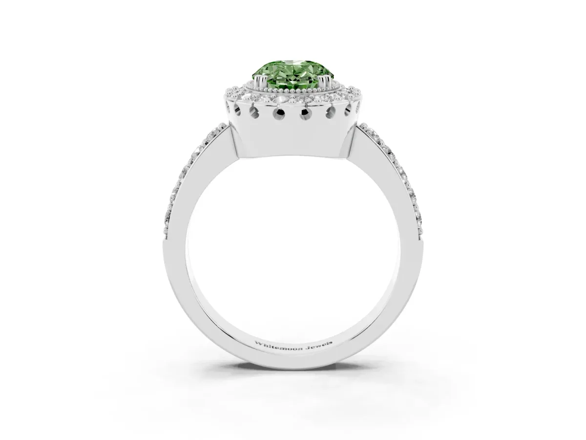 Fancy Green Oval Cut Diamond Halo Ring with Pavé Band and Prong Setting Silver