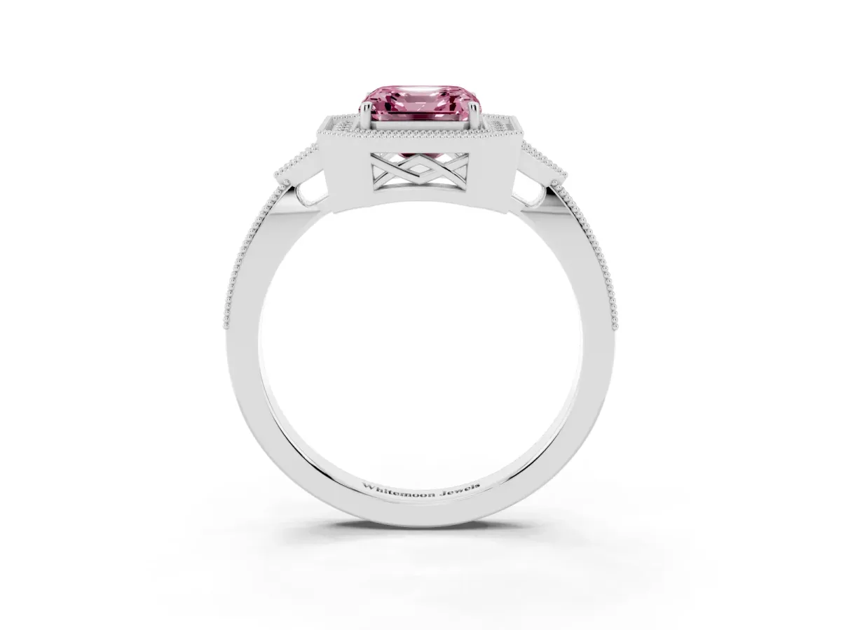 Fancy Pink Asscher Cut Halo Round Diamond Milgrain Pave Engagement Ring Platinum