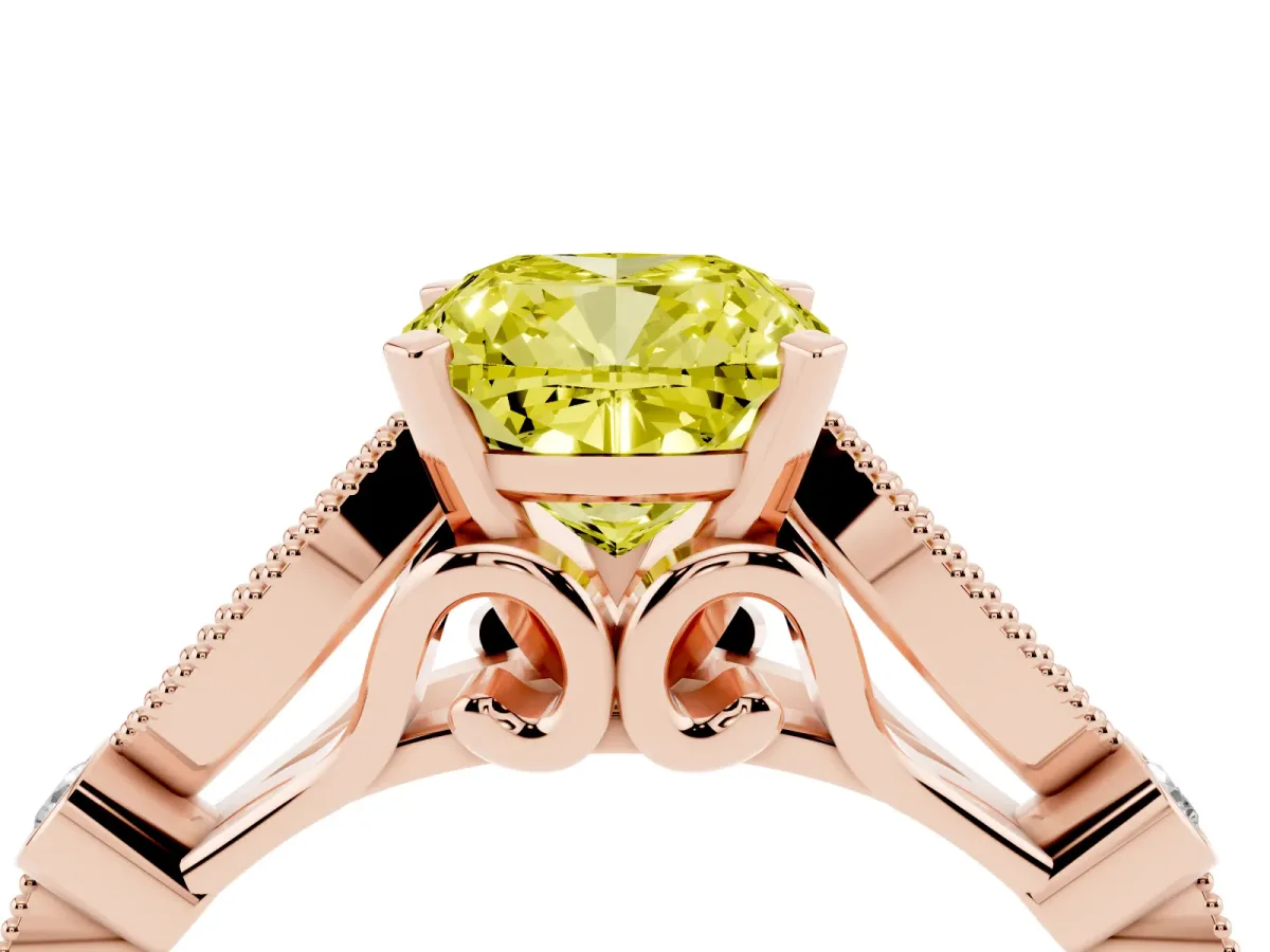 Fancy Yellow Cushion Cut Cut Diamond with Milgrain Marquise and Bezel Accents on a Solitaire Band with Prong Setting Rose gold