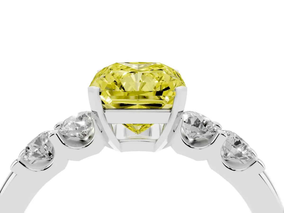 Fancy Yellow Radiant Cut Brilliant Cut Diamond Five-Stone Prong Set Engagement Ring with Channel Band White gold