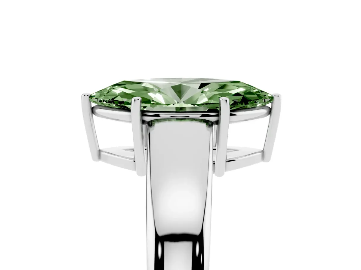 Fancy Green Marquise Cut Solitaire Diamond Ring with Tapered Band and Four-Prong Setting Platinum