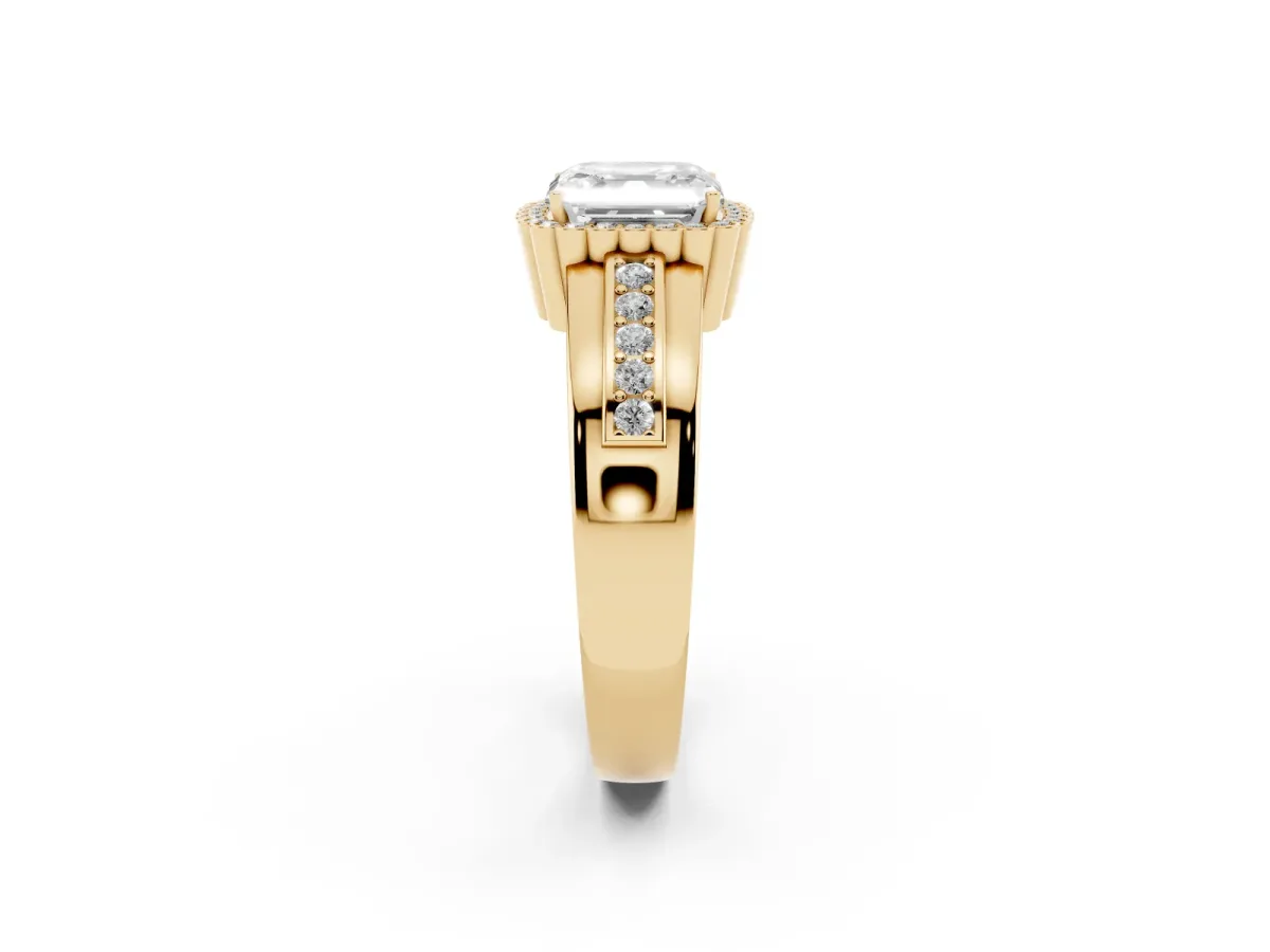 Asscher Cut Cut Halo Pave Band Four-Prong Ring Yellow gold